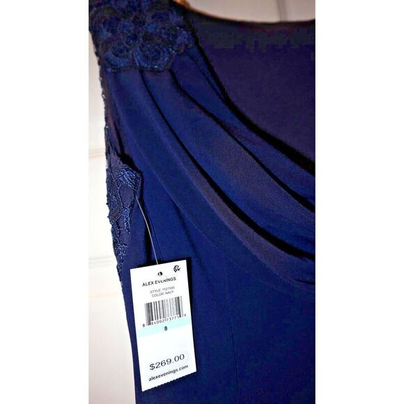 Alex Evenings Sz 8 Navy Embroidered Lace Bodice Cap Sleeve Full Length Dress $26 - Picture 3 of 9